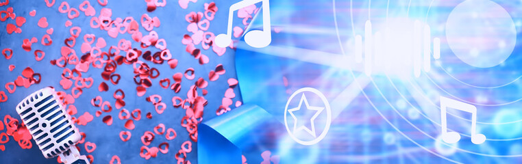 The concept of media presentations. Retro microphone on the background. Concert and show poster. Music album cover.