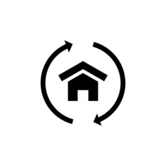 House build and arrows web icon in black flat design on white background