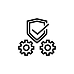 Protection vector icon design, Shield with check mark and gears cogwheels in outline style on white background