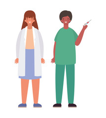 Woman and man doctor with uniform and injection vector design