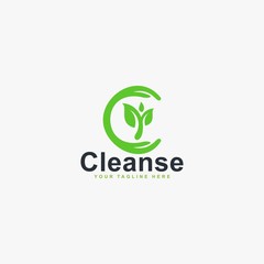 Clean protect logo design vector. Green leaf hand abstract vector icons.