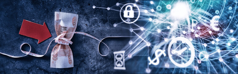 Business concept. The depreciation of the national currency. Bill with the inscription "5000 thousand rubles". Inflation and stagnation. Tighten russian bill with measuring chain.