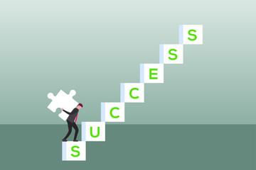Business solution vector concept: Businessman lifting a jigsaw puzzle piece on his back while climbing the white stairs of Success