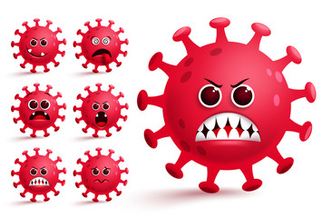 Coronavirus covid-19 emoji smiley vector set. Covid19 corona virus emoji and emoticon with red angry facial expression and emotion for global pandemic. Vector illustration.