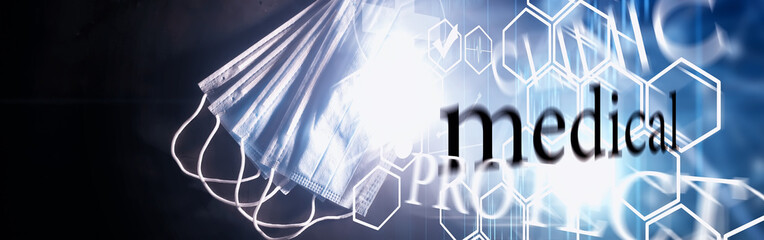 Personal protective equipment. Disposable medical mask. Gauze bandage for respiratory protection. Medical accessories.