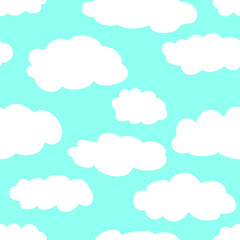 Seamless minimalistic cloud pattern. Cute illustration for wallpaper, wrapping paper, textile, design for children. Hand-drawn silhouetted white clouds on blue sky background