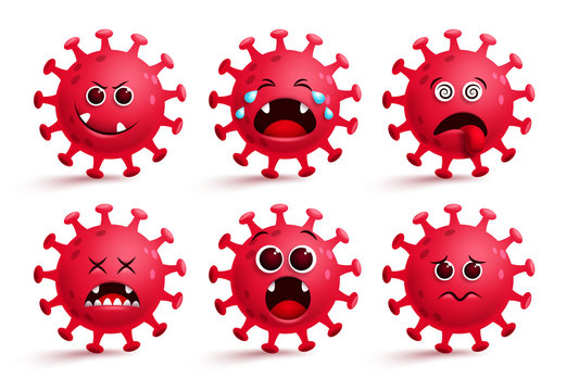 Corona virus emoticon vector set. Covid-19 coronavirus icon emoji and emoticons with red sad, naughty and dizzy facial expressions for global pandemic disease collection isolated in white.
