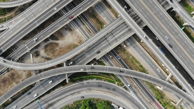 Overpass city trnasport junction asphalt road aerial view movement with car vehicle