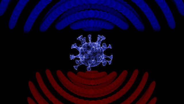 Pandemic prevention concept. Illuminating 3d render virus model rotating between red and blue surfaces.