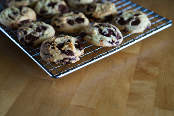 Homemade baked chocolate chip soft cookies cooling on a cooling rack. On a wooden background. Natural light.