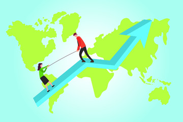 Business partnership or teamwork vector concept: male figure wearing a red suit while pulling his female partner with the string on a business chart over world map background