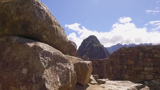Traveling. Stone walls and mountains in sacred plaza, Machu Picchu, Cusco, Peru