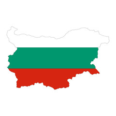 Map of Bulgaria. Vector design isolated on white background. Shape of Bulgaria map filled up with Bulgarian flag colors.