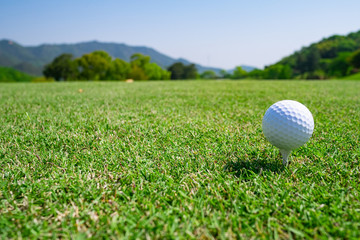 Golf Ball on tee at the teeing area. Golf course with a rich green turf beautiful scenery.