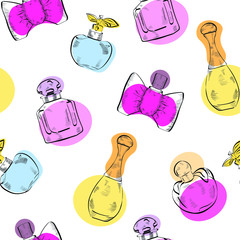 Perfume bottles, fashion, beauty vector seamless pattern on white background.  Concept for wallpaper, wrapping paper, cards 