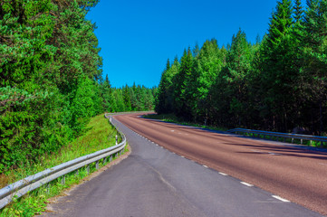 Road in a pine forest in Norway. Beautiful landscape of the Scandinavian forests. Car travel concept