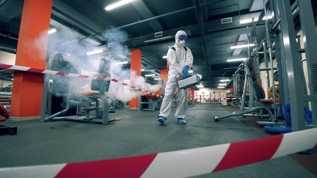 Fitness machines are getting fumigated by a disinfector
