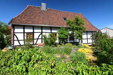 Fototapeta na wymiar Bauerngarten vor altem Fachwerkhaus