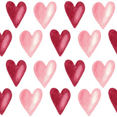 Seamless pattern with dark red and pink hearts on white background, hand painted watercolor illustration