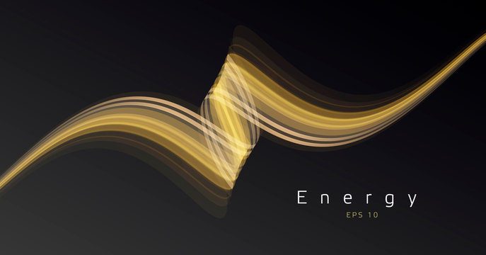 Ribbon curve abstract background element, golden lines forming wave shape with energy copy, graphic composition