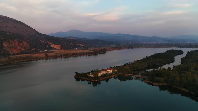 Amazing high definition aerial Panorama view of Kaiafas or Thermal Springs of Kaiafas. Elis, Greece, Europe.