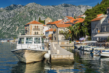 Sunny morning view of old town Perast of the Kotor bay, Montenegro.