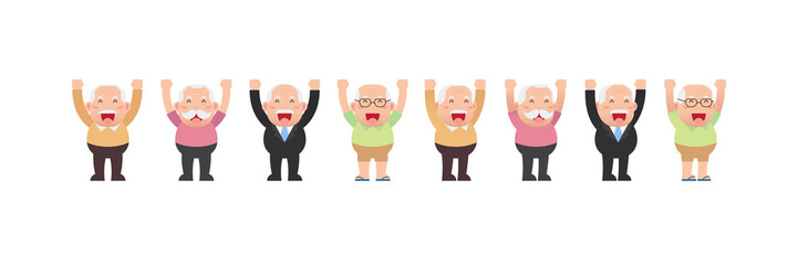 Character set of Old men, Older seniors retired are standing and Happy smiling with raised hands up for Cheerful and celebrating, An elderly man cartoon design in 4 Different flat style Vector