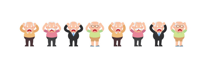 Character set of Old men, Older seniors retired are standing and shocked expression or surprised with holding hands on head, An elderly man cartoon design in 4 Different flat style Vector illustration