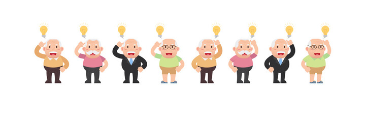 Character set of Old men, Older seniors retired are Happy smiling and thinking with light idea bulb above head, An elderly man cartoon design in 4 Different flat style Vector illustration