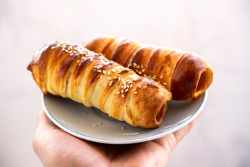 long bun with sesame seeds on a plate hand
