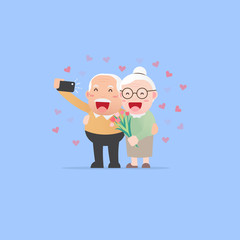 Happy lovers Grandparents, Senior couples retired elderly are hugging and making selfie photo together, Man giving bouquet flowers to Woman, Character Cartoon design flat style Vector illustration