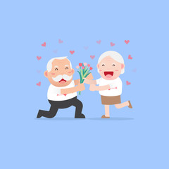 Happy lovers Grandparents, Senior couples retired elderly are Smiling, Man giving bouquet flowers to Woman, a rose on a date, Love concept, Character Cartoon design flat style Vector illustration