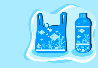 Blue ocean in bags and plastic water bottles with fish and sea creatures with coral vector. Concept reducing environmental problems and natural pollution of the sea.