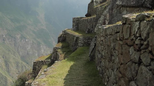 Stone walls,mountains in sacred plaza, Machu Picchu, Cusco, Peru
