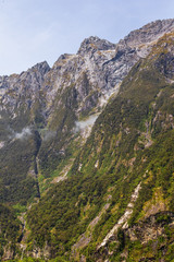 Sheer cliffs along the banks of the fjord. FiordLand National Park. New Zealand