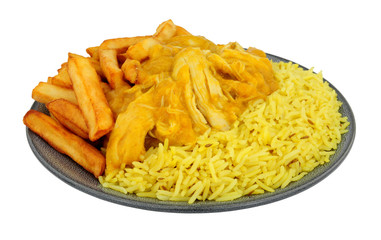 Chicken curry meal with half rice and chips isolated on a white background