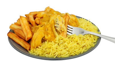 Chicken curry meal with half rice and chips isolated on a white background