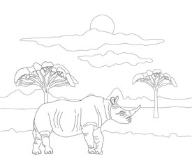 Fototapeta na wymiar Coloring book for adults and children with realistic rhino on a background of landscape with trees.Wild horned animal on a background of clouds and the sun in lines.Coloring page with a wild animal