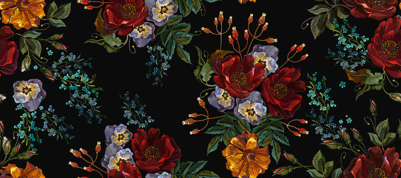 Embroidery red roses, yellow calendula and meadow flowers, horizontal seamless pattern. Fashion template for clothes and textiles. Vintage spring garden background © Matrioshka
