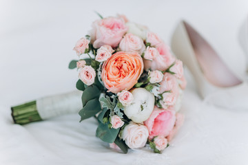 Wedding bouquet on a brides wedding day.