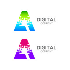 Abstract Letter A Pixel logo with Triangle Shape, Arrow Fly Forward Signs, Media Play Symbols, Technology and Digital Connection concept for your Corporate identity Business company