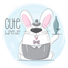 Cute animal cartoon rabbit bartender  style illustration for kids