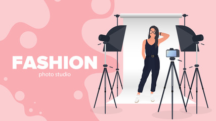 Fashion photo studio banner. Girl posing to the camera. White canvas background on tripods. Camera on a tripod, softbox. Professional photo studio. Vector. © Javvani