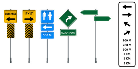 Set of road signs isolated on white background. Exit signs and bathroom signs.