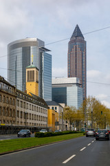 Frankfurt street with a church and tall buildings