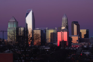 Fototapeta na wymiar skyline of Charlotte North Carolina at sunset from the west side of the city 