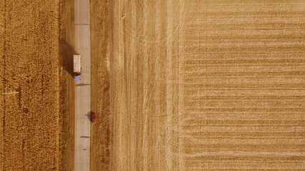 Modern truck moving on road near wheat field. Top view of wheat field after harvest. Transportation of wheat harvest.
