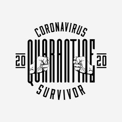 Coronavirus 2020 quarantine survivor badge or label or logo design template with lettering composition and hands silhouette holding quarantine word like prisoner behind the bars. Vector illustration