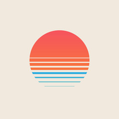 Retro sunset above the sea or ocean with sun and water silhouette. Vintage styled summer logo or icon design isolated on white background. Vector illustration.