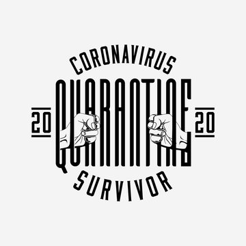 Coronavirus 2020 Quarantine Survivor Badge Or Label Or Logo Design Template With Lettering Composition And Hands Silhouette Holding Quarantine Word Like Prisoner Behind The Bars. Vector Illustration
